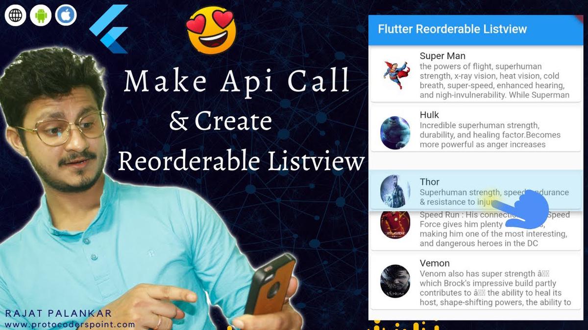 'Video thumbnail for Flutter make api call & show data in Reorderable listview & make it  drag & drop listview to reorder'
