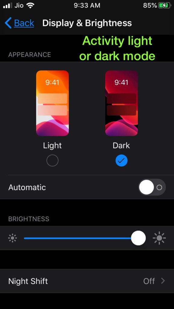 ios display brightness setting page