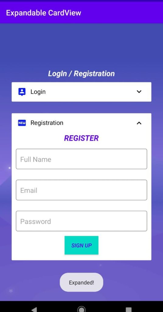 Login-Registration UI Screen using Android Expandable CardView Library