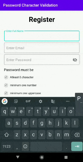 android password field validation