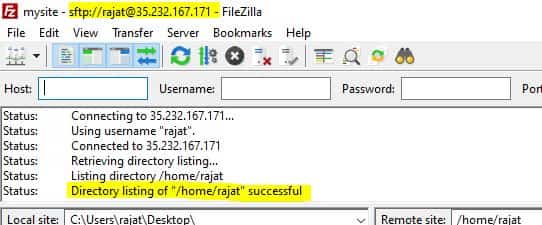 filezilla connected successfully to google cloud system