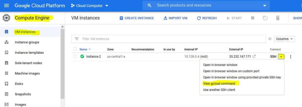 view gcloud command vm instance