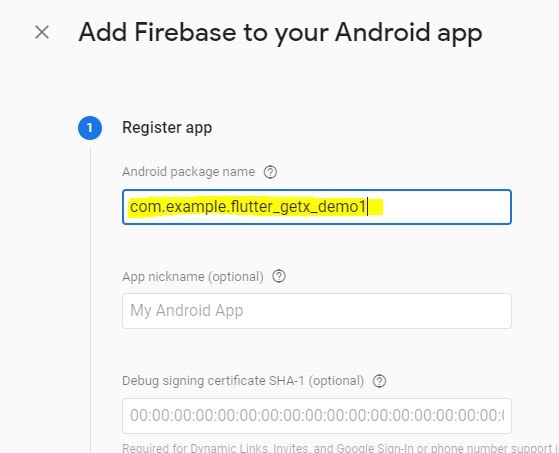 firebase android package name add project