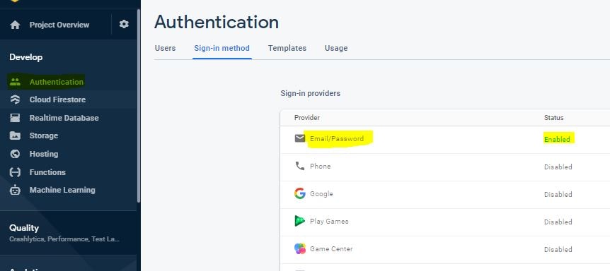 firebase turn on authentication email password