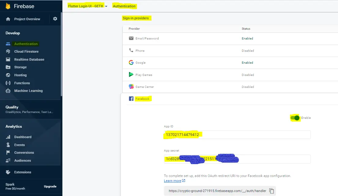 how to add app id and app secret code in facebook firebase authentication