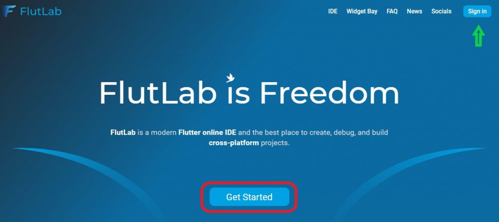 flutlab welcome home page online IDE