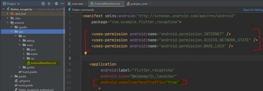 add internet permission and clear text traffic android