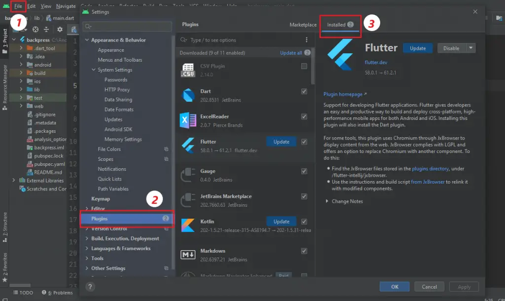 how to uninstall flutter plugin from android studio