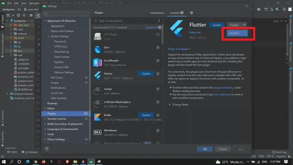 how to uninstall flutter plugin from android studio