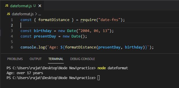nodejs get age using dob using date-fns module