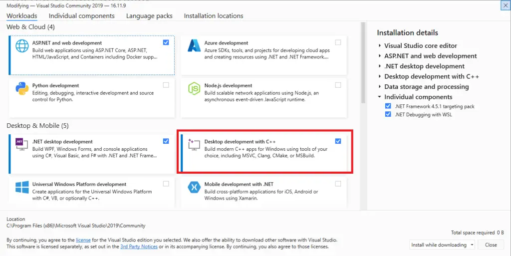 visual studio desktop development with C++