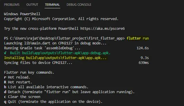 cmd running flutter app in vscode