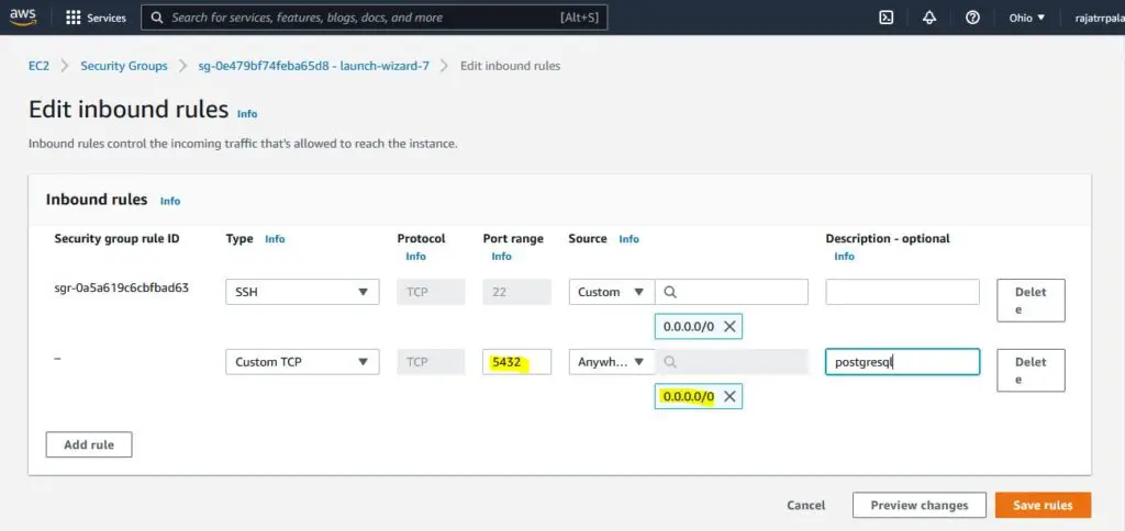 add inbound rules on aws server for port 5432