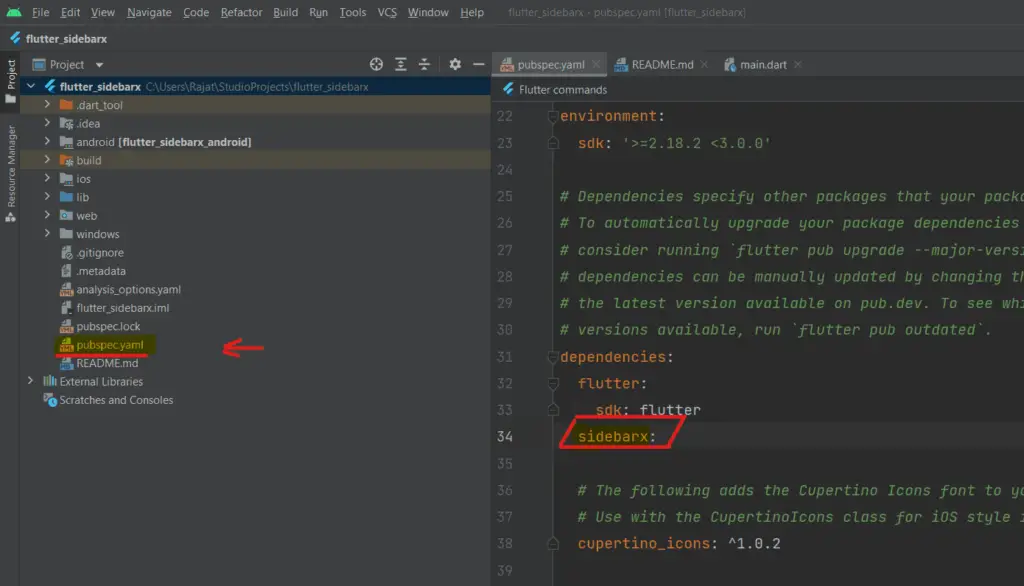 flutter sidebarx add dependecies  in pubspec.yaml file