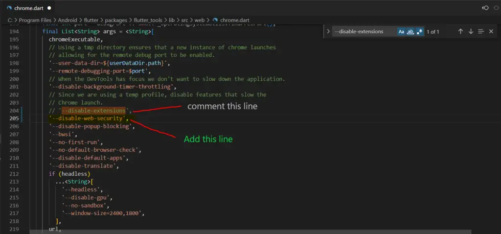 flutter chrome.fart add --disable-web-security extensions line