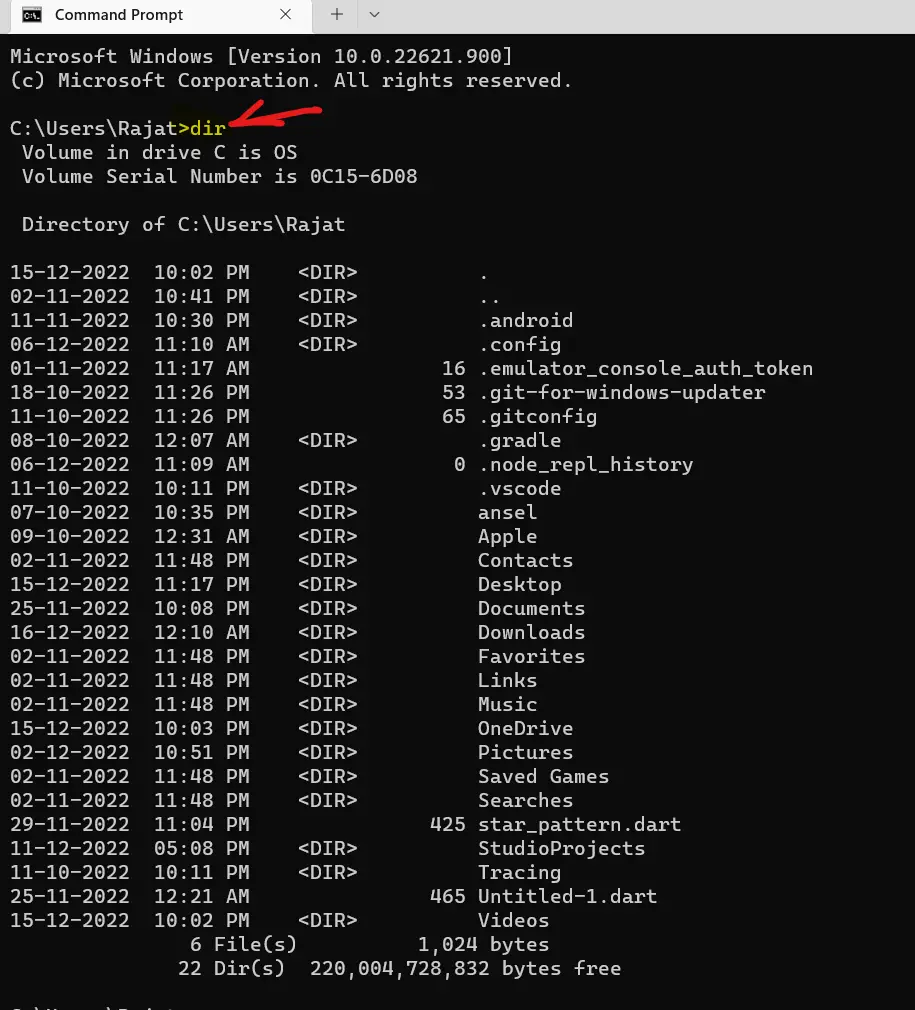 windows command to list file in current working directory