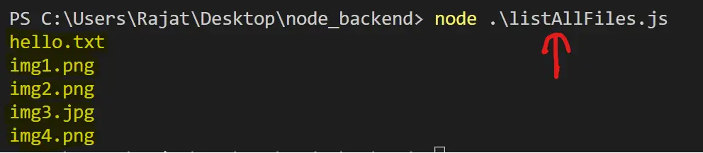 nodejs example to list all files contained in a directory
