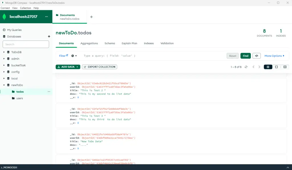 mongodb compose show todo collection of users