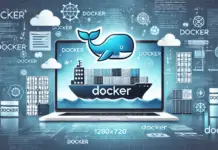 A modern and visually appealing image about Docker. The design should include a blue and white color scheme, featuring the Docker whale logo