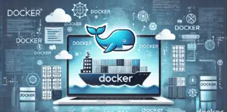 A modern and visually appealing image about Docker. The design should include a blue and white color scheme, featuring the Docker whale logo