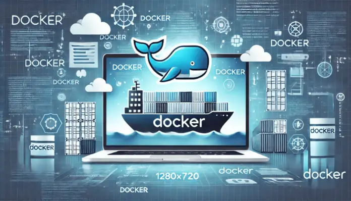 A modern and visually appealing image about Docker. The design should include a blue and white color scheme, featuring the Docker whale logo