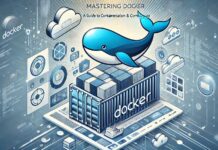 Mastering Docker: A Guide to Containerization & Commands' with a blue and white tech-inspired design, featuring the Docker whale logo, a container ship, and abstract cloud computing elements.