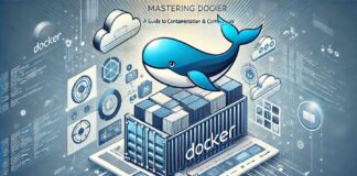 Mastering Docker: A Guide to Containerization & Commands' with a blue and white tech-inspired design, featuring the Docker whale logo, a container ship, and abstract cloud computing elements.