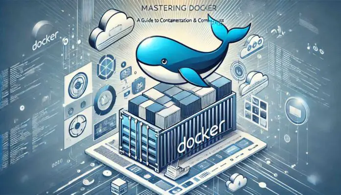 Mastering Docker: A Guide to Containerization & Commands' with a blue and white tech-inspired design, featuring the Docker whale logo, a container ship, and abstract cloud computing elements.