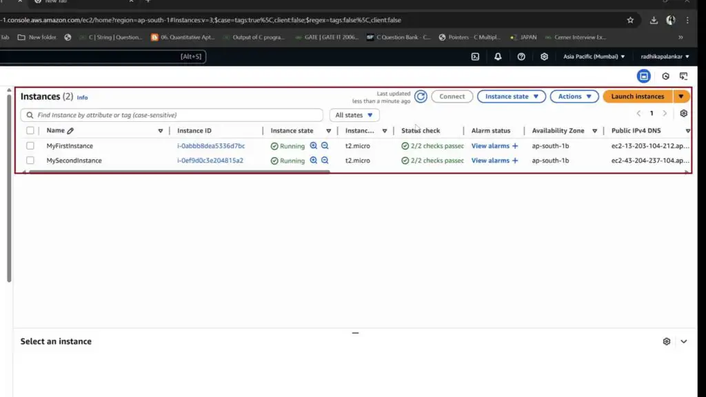 AWS EC2 dashboard showing two running instances