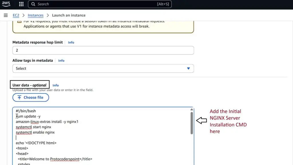 User Data script to install NGINX and display EC2 private IP