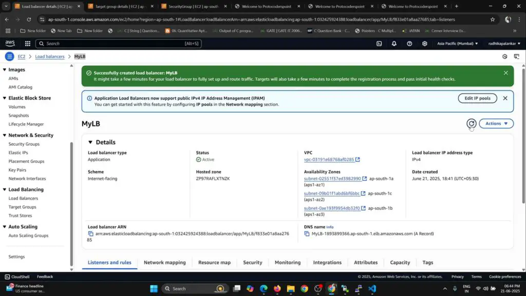 AWS Load Balancer created successfully and showing active status