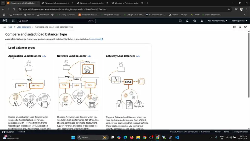 Selecting Application Load Balancer option in AWS