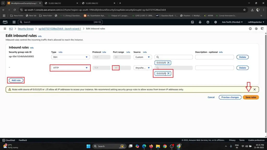 EC2 Security Group with inbound rule allowing HTTP traffic on port 80