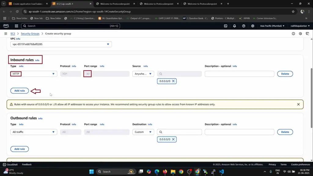 Security Group configuration for AWS Load Balancer allowing HTTP traffic