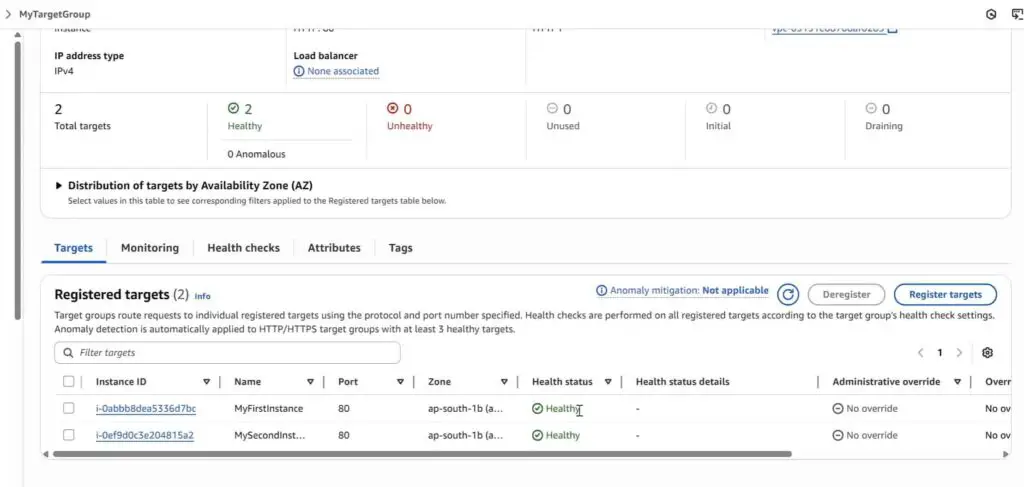 Target Group created successfully in AWS console