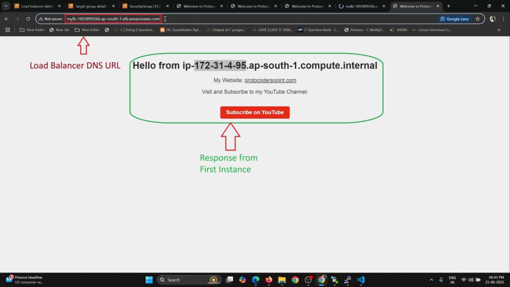 Load balancer routing response from the first EC2 instance displaying its private IP in the browser.