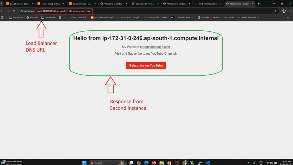 Load balancer routing response from the second EC2 instance displaying its private IP in the browser.